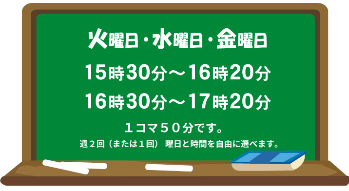 火曜日・水曜日・金曜日 15:30～16:20 16:30～17:20 1コマ50分 曜日と時間を自由に選べます